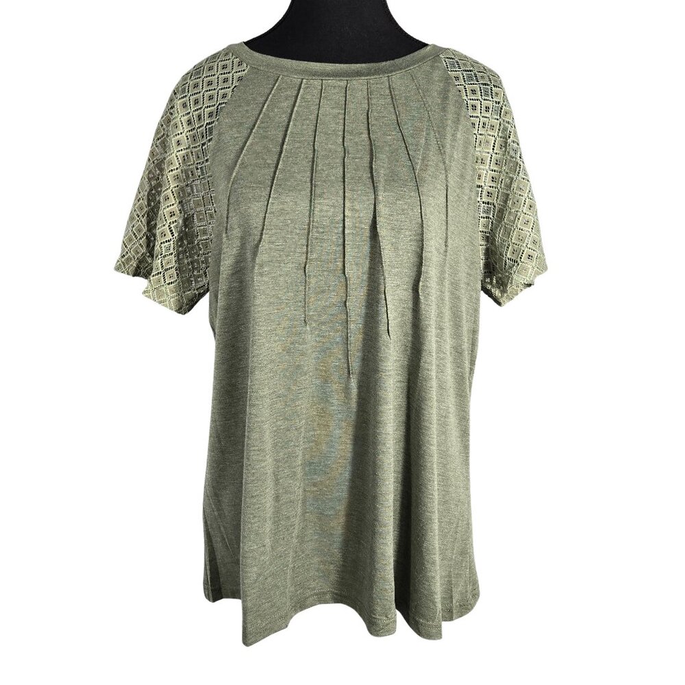 NWT | KIRUNDO Olive Green Pleated Front Top | Lace Lattice Sleeve | XL